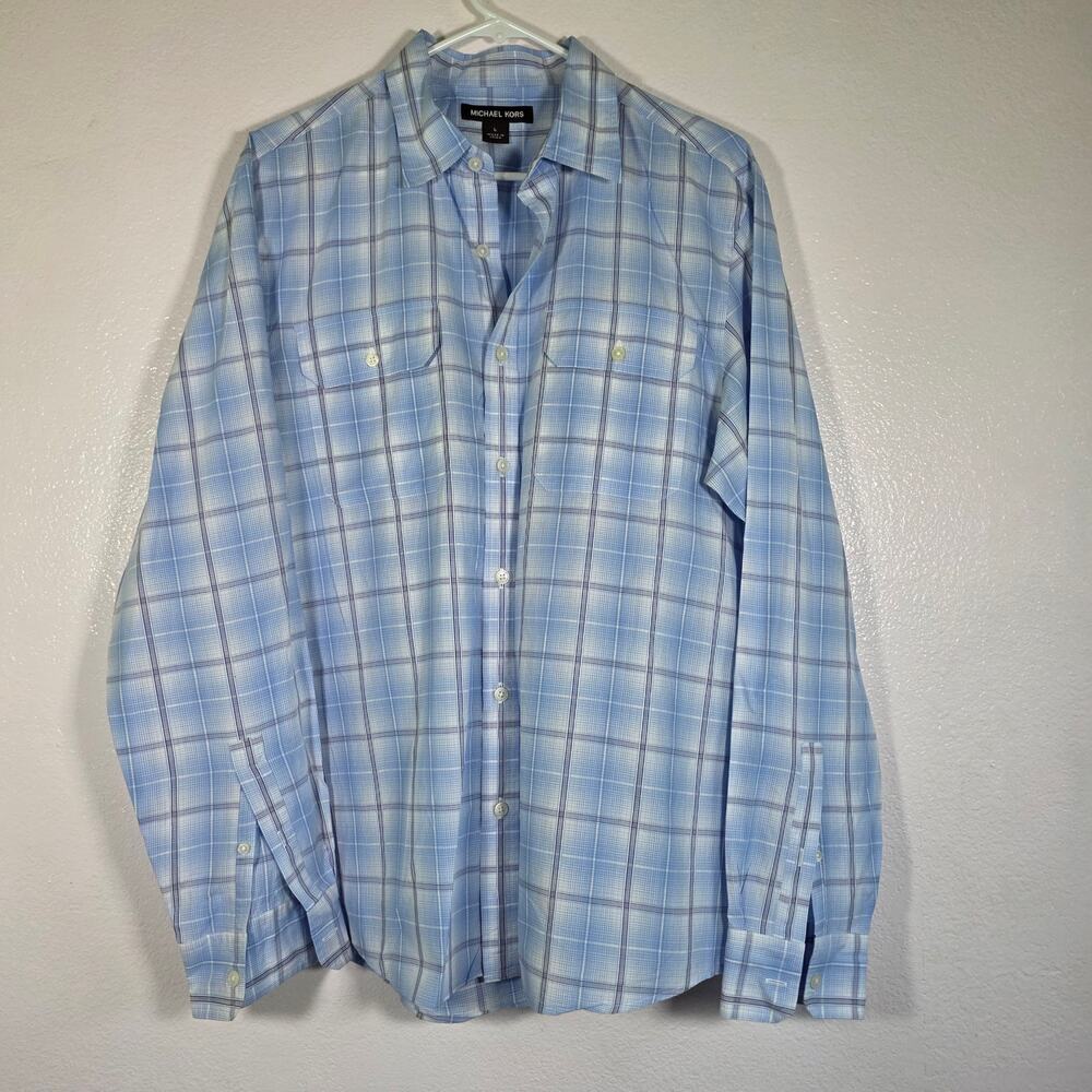 Michael Kors Blue Plaid Button Front Shirt 100% Cotton Long Sleeve Mens L